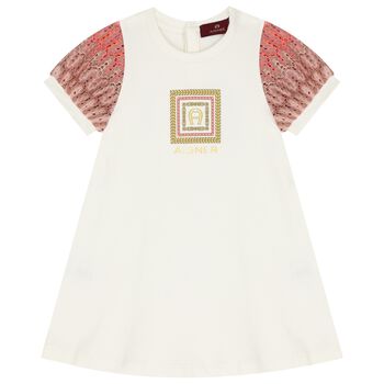 Younger Girls Ivory Chain Logo Dress