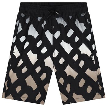 Boys Black, White & Beige Logo Swim Shorts