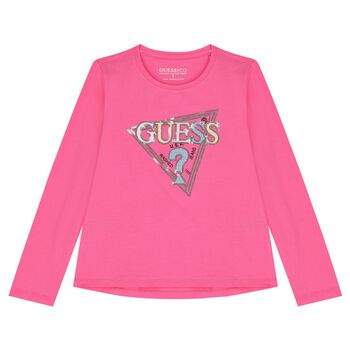 Girls Pink Logo Sequin Long Sleeve Top