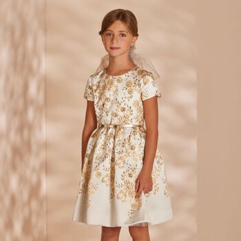 Girls Gold & White Floral Dress