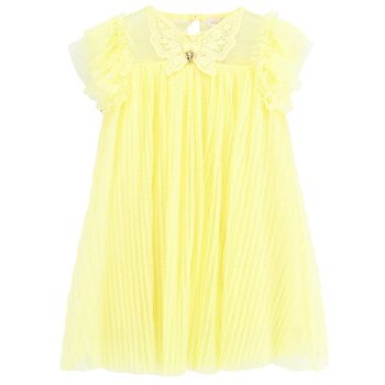 فستان بنات تول بطيات باللون الأصفر 