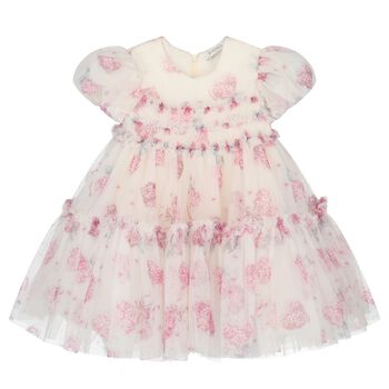 Younger Girls Ivory & Pink Floral Dress