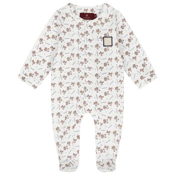 Baby Boys White & Beige Logo Babygrow