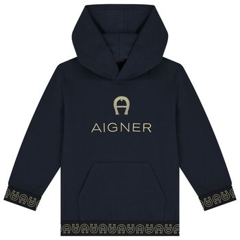 Boys Navy Logo Hooded Top