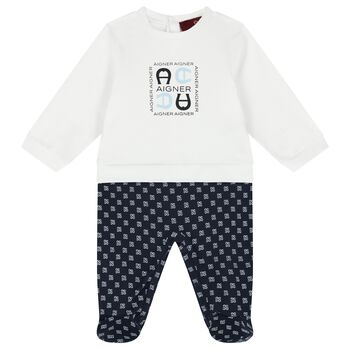 Baby Boys White & Navy Blue Logo Babygrow