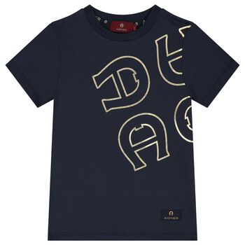 Boys Navy Blue & Gold Logo T-Shirt