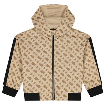 Girls Beige Logo Hooded Zip Up Top