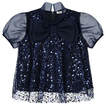 Girls Navy Blue Chiffon & Tulle Sequin Top