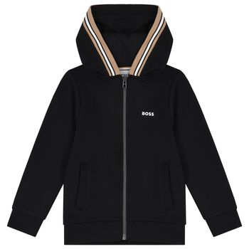 Boys Black Logo Hooded Zip Up Top