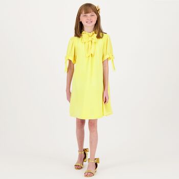 فستان بنات شيفون بفيونكة باللون الأصفر