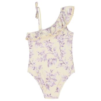 Girls Ivory & Purple Floral Swimsuit